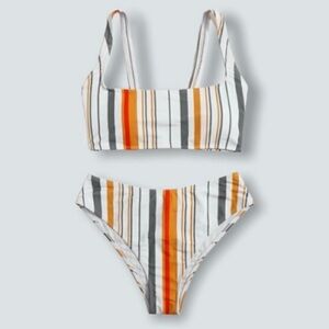 SHEIN striped bikini swimsuit set in orange, grey, and white vertical stripes
